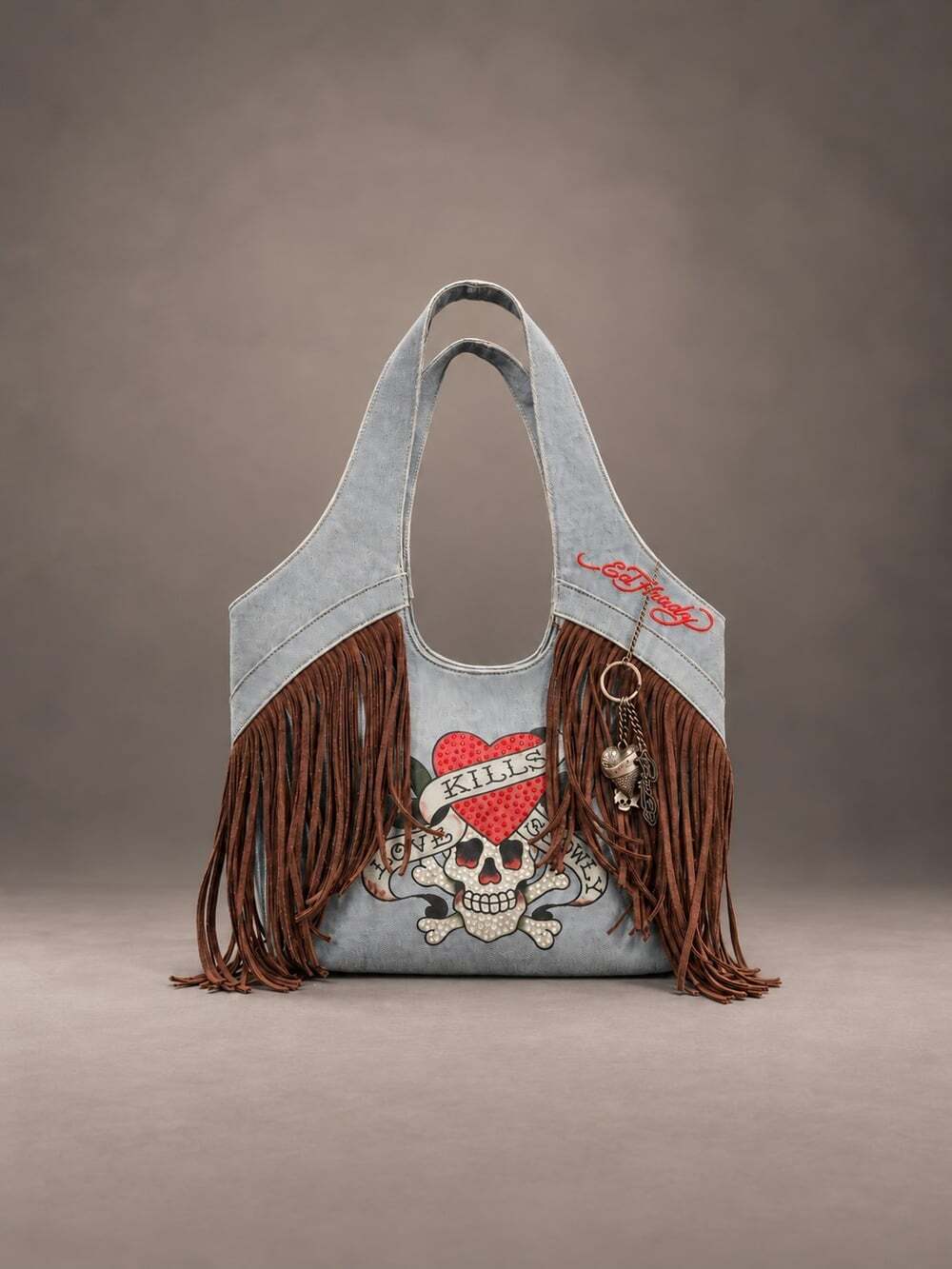 New NWT Denium Fringe HOBO Rocker Skull Ed Hardy Bag Tote Purse W/ Charm